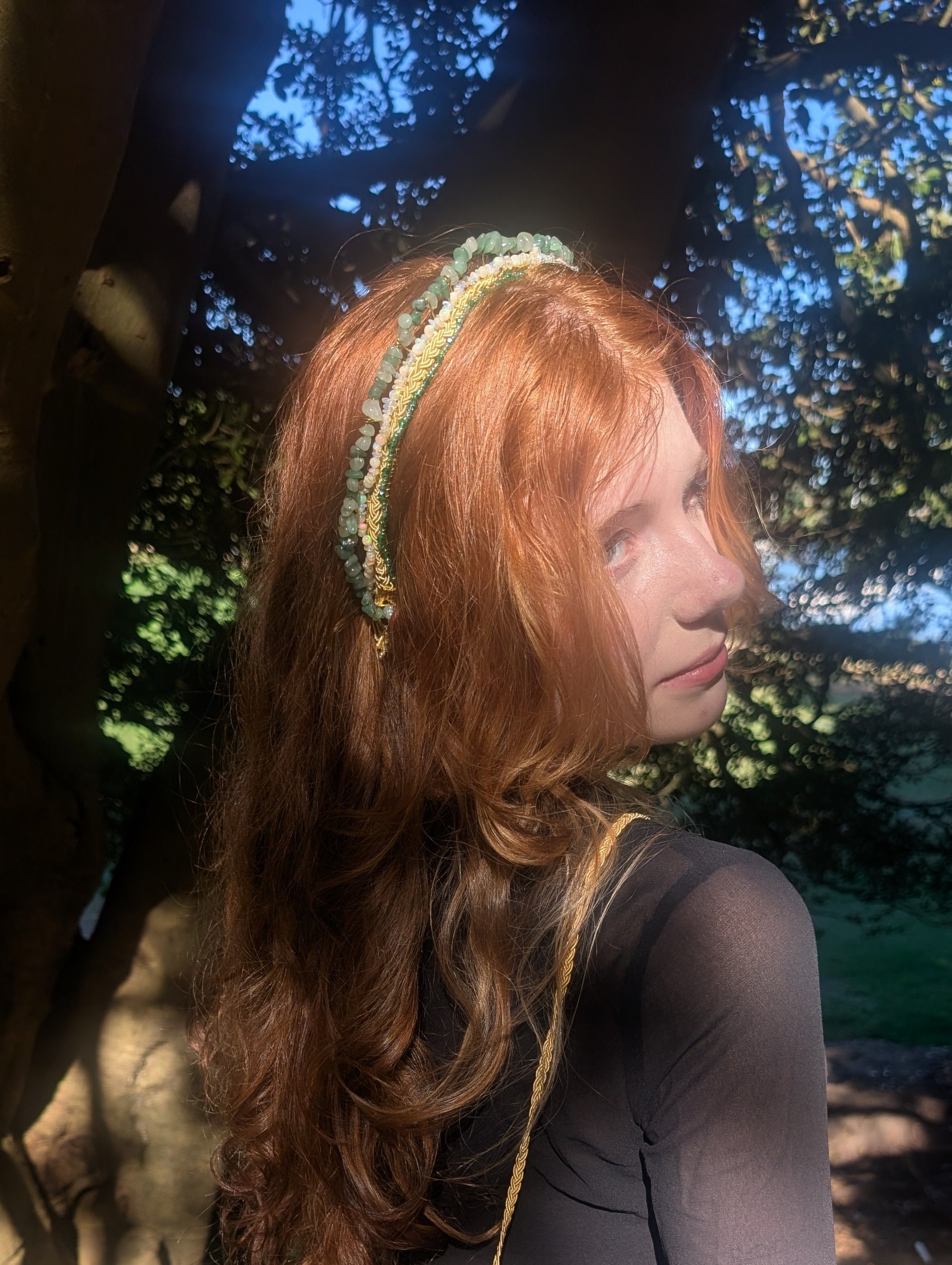 Ethiopian Fire Opal & Green Quartz Beaded Bridal Kokoshnik